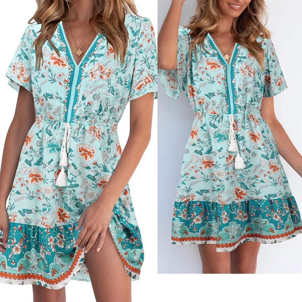Women's Summer Boho Beach Mini Casual Short Sleeve Ruffle Bohemian Floral Dress